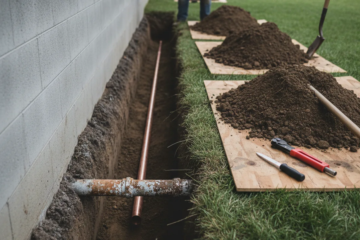 Excavated water line trench during Water Softener Installation in Oaks